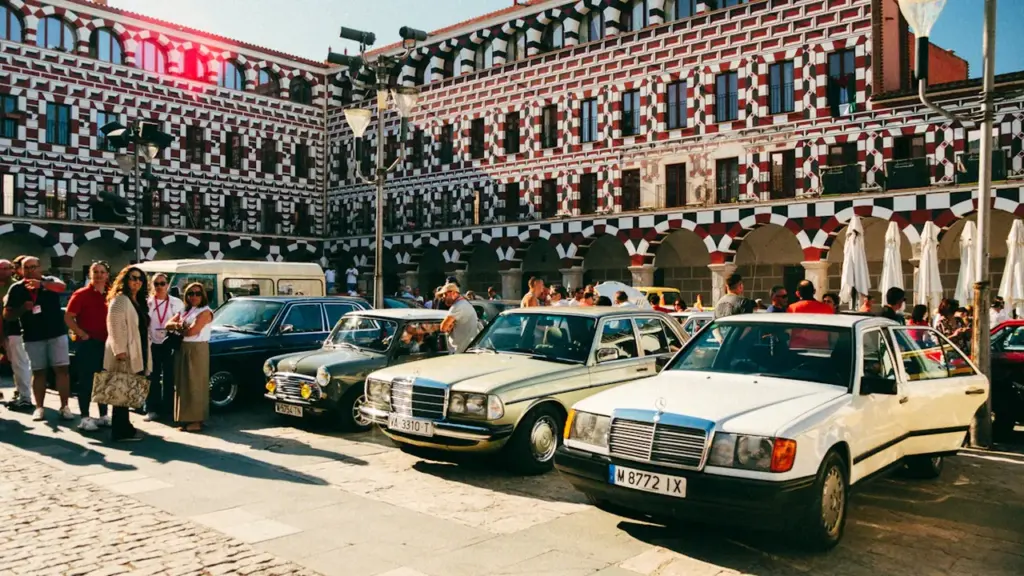 Coches clásicos aparcados en la histórica Plaza Alta de la ciudad de Badajoz.