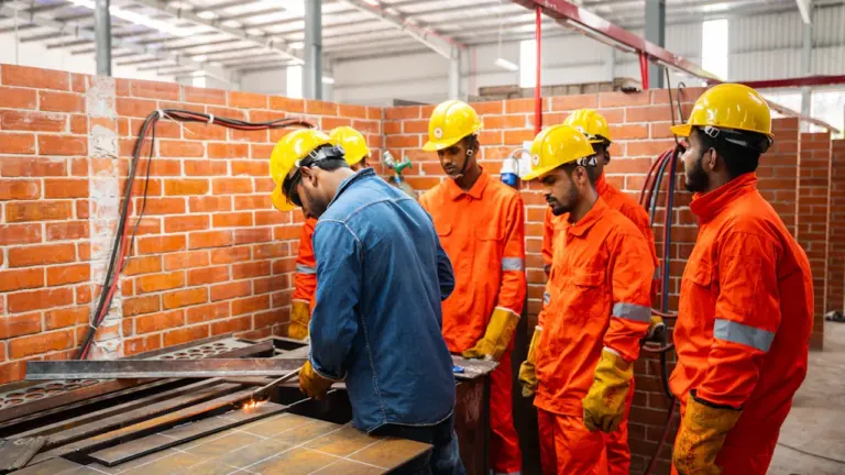 Trabajadores con equipos de protección trabajando en un taller de formación industrial.