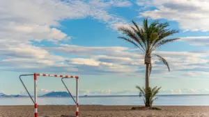 Una portería de fútbol playa solitaria junto a una palmera en una playa despejada.