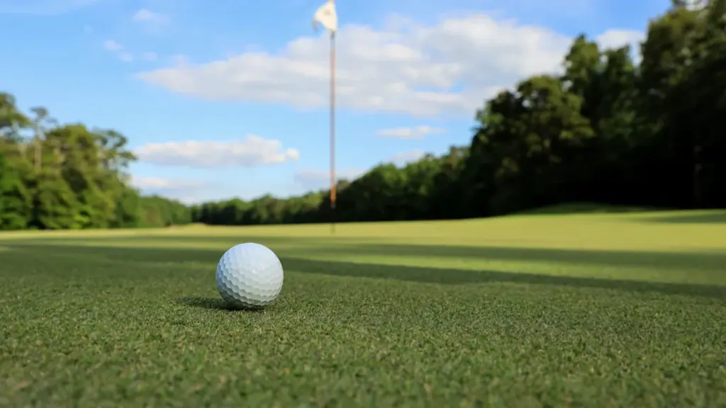 Pelota de golf sobre el césped verde cerca de la bandera del hoyo.
