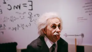 Estatua realista de Albert Einstein frente a una pizarra con fórmulas matemáticas complejas.